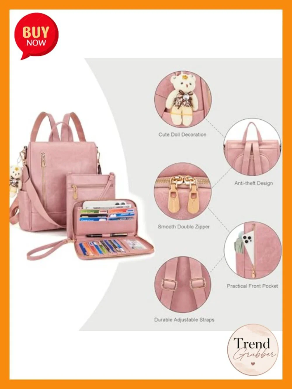 Anti-Theft Fashion Backpack Purse Set 3pcs Soft Vegan Leather Travel Handbag